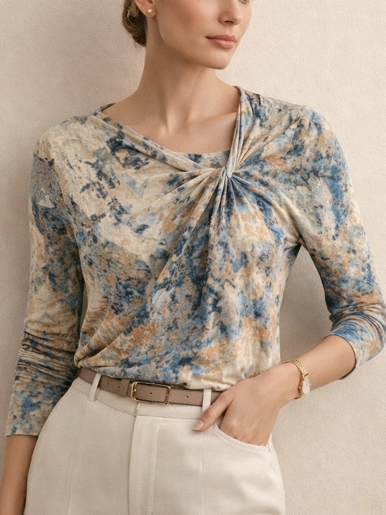 NIC+ZOE Tops - Abstract Print Top Cotton Neutral Blue Beige Quiet Luxury Minimalist Blouse